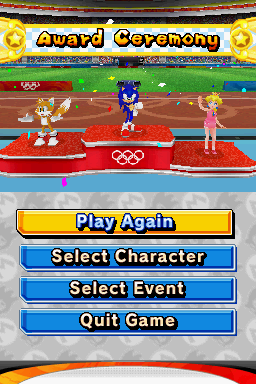Mario & Sonic at the Olympic Games (Nintendo DS) screenshot: The winner circle: first place for Sonic.