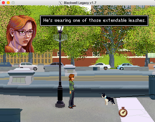 The Blackwell Legacy (Macintosh) screenshot: Tricking the dog to tie himself around the lamp post