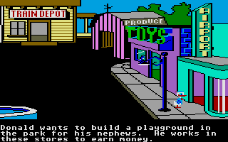 Donald Duck's Playground (Atari ST) screenshot: You can work at these four places