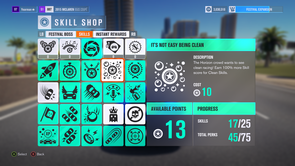 Forza Horizon 3 (Xbox One) screenshot: The perk chart
