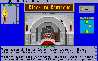 Shadowgate (Atari ST) screenshot: Top center kindly lets you know that there's more text to be read.