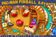Pac-Man Pinball Advance (Game Boy Advance) screenshot: The second table, "Haunted Boardwalk". The ghosts leave the cage when the ball saver is deactivated and then wait for Pac-Man to fall through.