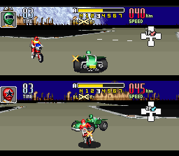 Saban's Power Rangers Zeo: Battle Racers (SNES) screenshot: Both Green and Red Ranger collides quickly, but are ready to resume the bout (2P Bumper Chase mode).