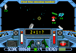 Math Blaster: Episode One - In Search of Spot (Genesis) screenshot: Trash Zapper: using the tractor beam to collect space junk.