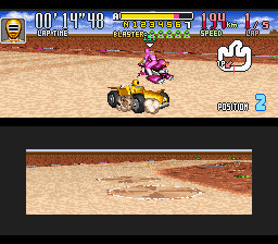 Saban's Power Rangers Zeo: Battle Racers (SNES) screenshot: Zeo Ranger 2 (Yellow) spins out in the road after having passed over two pestering quicksand slicks.