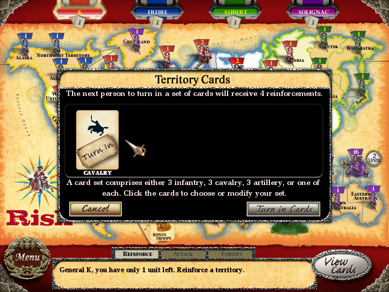 Risk (Windows) screenshot: Territory cards