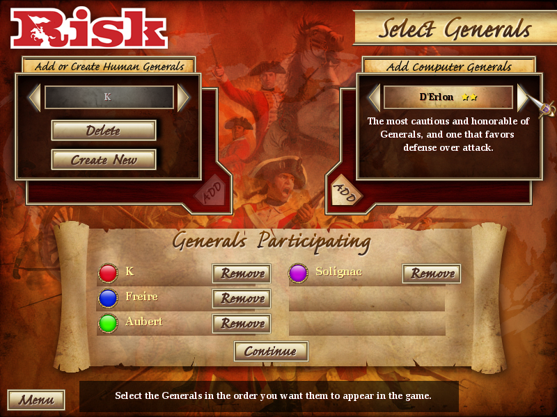 Risk (Windows) screenshot: Selecting generals
