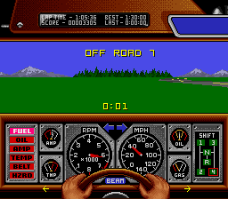 Race Drivin' (SNES) screenshot: A countdown begins when the car is driven off road.