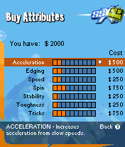 SSX: Out of Bounds (N-Gage) screenshot: To upgrade your rider, hard earned cash has to be spent.