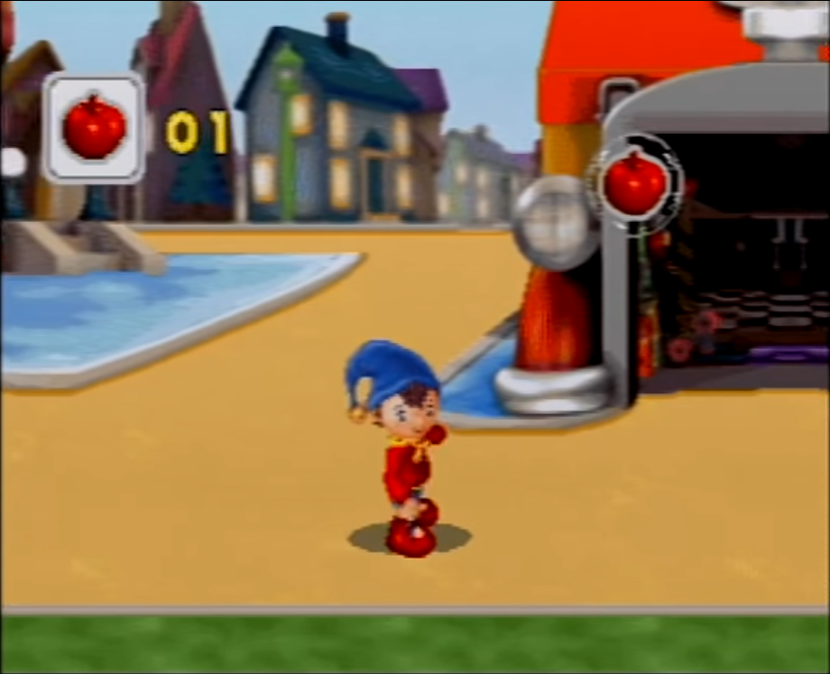 Noddy: Detective for a Day (V.Smile) screenshot: Noddy must clean up the town by picking up apples, fixing bikes, cleaning up trash, etc.