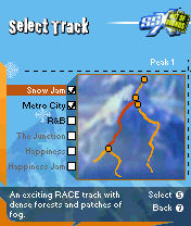 SSX: Out of Bounds (N-Gage) screenshot: More money needs to be earned to get access to the grayed-out tracks.