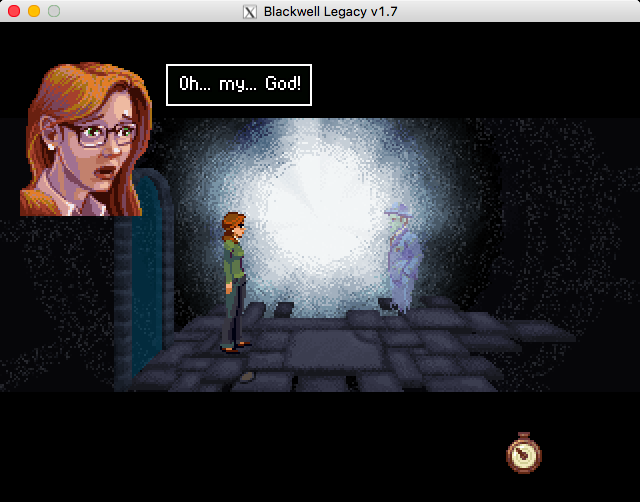 The Blackwell Legacy (Macintosh) screenshot: Joey showing Rosangela the gate to the next world