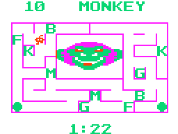 Alphabet Zoo (TRS-80 CoCo) screenshot: Monkey is spelled out when collecting an M