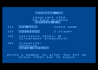 Reforger '88 (Atari 8-bit) screenshot: Title screen and set game options