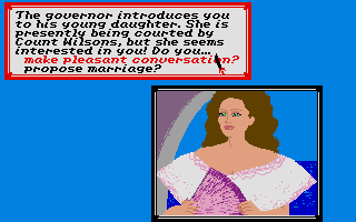 Sid Meier's Pirates! (Atari ST) screenshot: Talking with a governor's daughter.