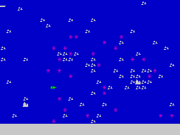 Games Pack 1 (ZX Spectrum) screenshot: 1. Iceberg: Formation of icebergs.<br> Even if these pack-ice forms can only delay the navigation they too can generate icebergs, which are deadly. The icebreaker is green meaning it's unloaded.