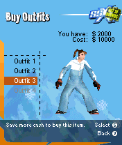 SSX: Out of Bounds (N-Gage) screenshot: You can always change your attire for, yes, $10000 precisely.
