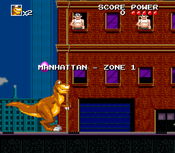 We're Back!: A Dinosaur's Story (SNES) screenshot: Starting out in Manhattan.