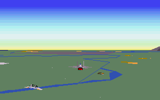 F-15 Strike Eagle II (Amiga) screenshot: Chase view of the F-15