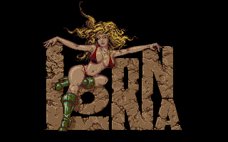 Lorna (Atari ST) screenshot: Title screen. Though the colors are drab and Lorna's pose is bizarre, one can't help but admire the amount of detail in this piece.