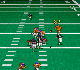 Pro Quarterback (SNES) screenshot: The X marks where the ball is being thrown.