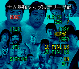 Zen-Nihon Pro Wrestling Dash: Sekai Saikyō Tag (SNES) screenshot: Set more options for the match.