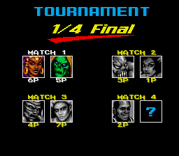 Shaq Fu (SNES) screenshot: Tournament matchups