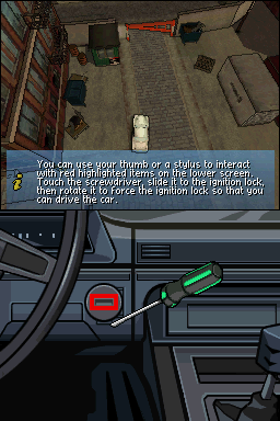 Grand Theft Auto: Chinatown Wars (Nintendo DS) screenshot: Once you're inside the car, you can use the touch screen to ignite the car.