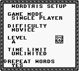 Wordtris (Game Boy) screenshot: Mode selection
