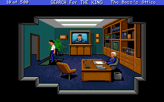 Les Manley in: Search for the King (Amiga) screenshot: The boss office has a trap.