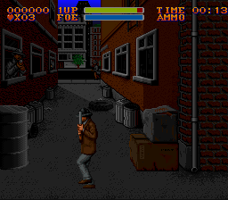 The Untouchables (SNES) screenshot: The player can move back and forth on the bottom of the screen
