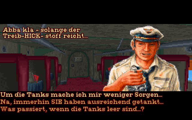 Die Goldene Mähne des Samson (DOS) screenshot: Our pilot comes by for a chat; unfortunately he is a bit drunk, and can't fly the plane anymore.