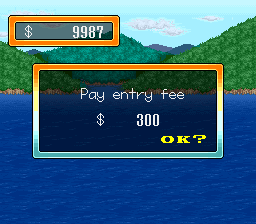 Mark Davis' The Fishing Master (SNES) screenshot: It costs money to enter a tournament