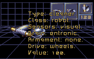 Paradroid 90 (Amiga) screenshot: Cleaner robot 123