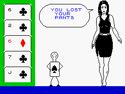 Animated Strip Poker (ZX Spectrum) screenshot: What is Little Helper doing here watching with that kind of looks?