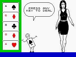 Animated Strip Poker (ZX Spectrum) screenshot: Is lady luck on our side "Little Helper"? By the way isn't this too adult for you pal?