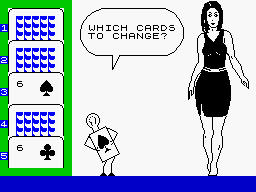 Animated Strip Poker (ZX Spectrum) screenshot: Selecting the cards to change by pressing the respective number keys.