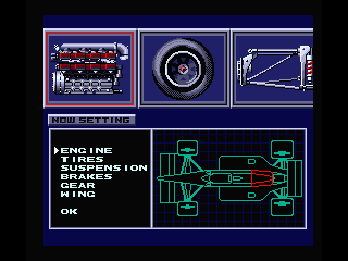 F-1 Spirit: 3D Special (MSX) screenshot: Change engine, tires, suspension, brakes, gear and the wing