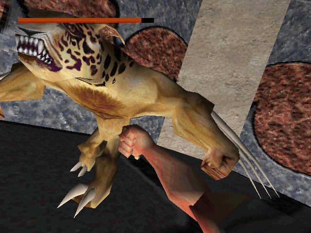 Montezuma's Return (DOS) screenshot: Taking a swing at Wolverine-Cat.