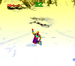 Tommy Moe's Winter Extreme: Skiing & Snowboarding (SNES) screenshot: Grabbing the board