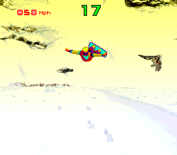 Tommy Moe's Winter Extreme: Skiing & Snowboarding (SNES) screenshot: Getting really high in the air