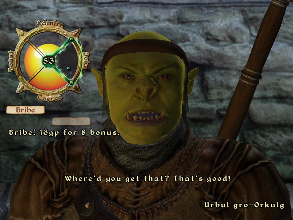 The Elder Scrolls IV: Oblivion (Windows) screenshot: Playing the persuasion mini-game with an Orc merchant.