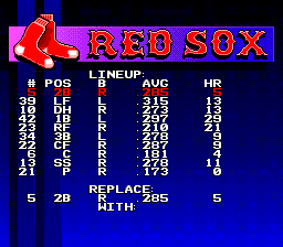 ESPN Baseball Tonight (SNES) screenshot: Looking at the Red Sox lineup
