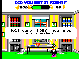 Trivial Pursuit (SEGA Master System) screenshot: Moby won a wedge on the first shot. Wow, he is so much better player then me.