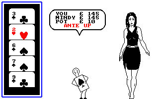 Animated Strip Poker (Amstrad CPC) screenshot: ...Look at him, pretending he's paying attention to the cards...
