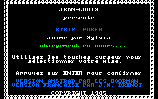 Animated Strip Poker (Amstrad CPC) screenshot: <i>Strip Poker anime par Sylvia</i><br> Credits (French version).