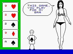 Animated Strip Poker (ZX Spectrum) screenshot: I'll tear it apart with my teeth.