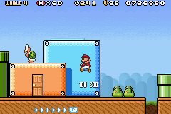 Super Mario Advance 4: Super Mario Bros. 3 (Game Boy Advance) screenshot: Squashing over two goombas at time.