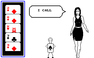 Animated Strip Poker (Amstrad CPC) screenshot: <i>And she calls, and she calls...</i>