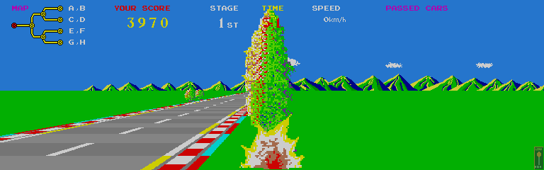TX-1 (Arcade) screenshot: Crashed into a tree! That's gotta hurt.